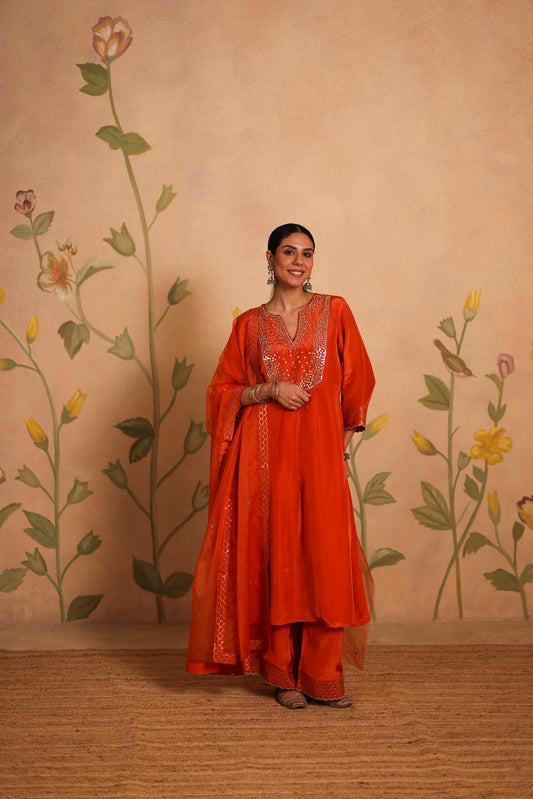 Sheesh silk kurta set (Burnt Orange)